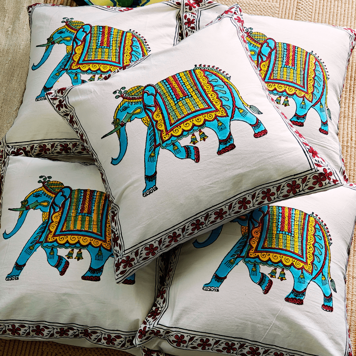 Maharaj Hand Block Printed Cushion Covers, 16" x 16", Pack of 5 - Coral Slub -